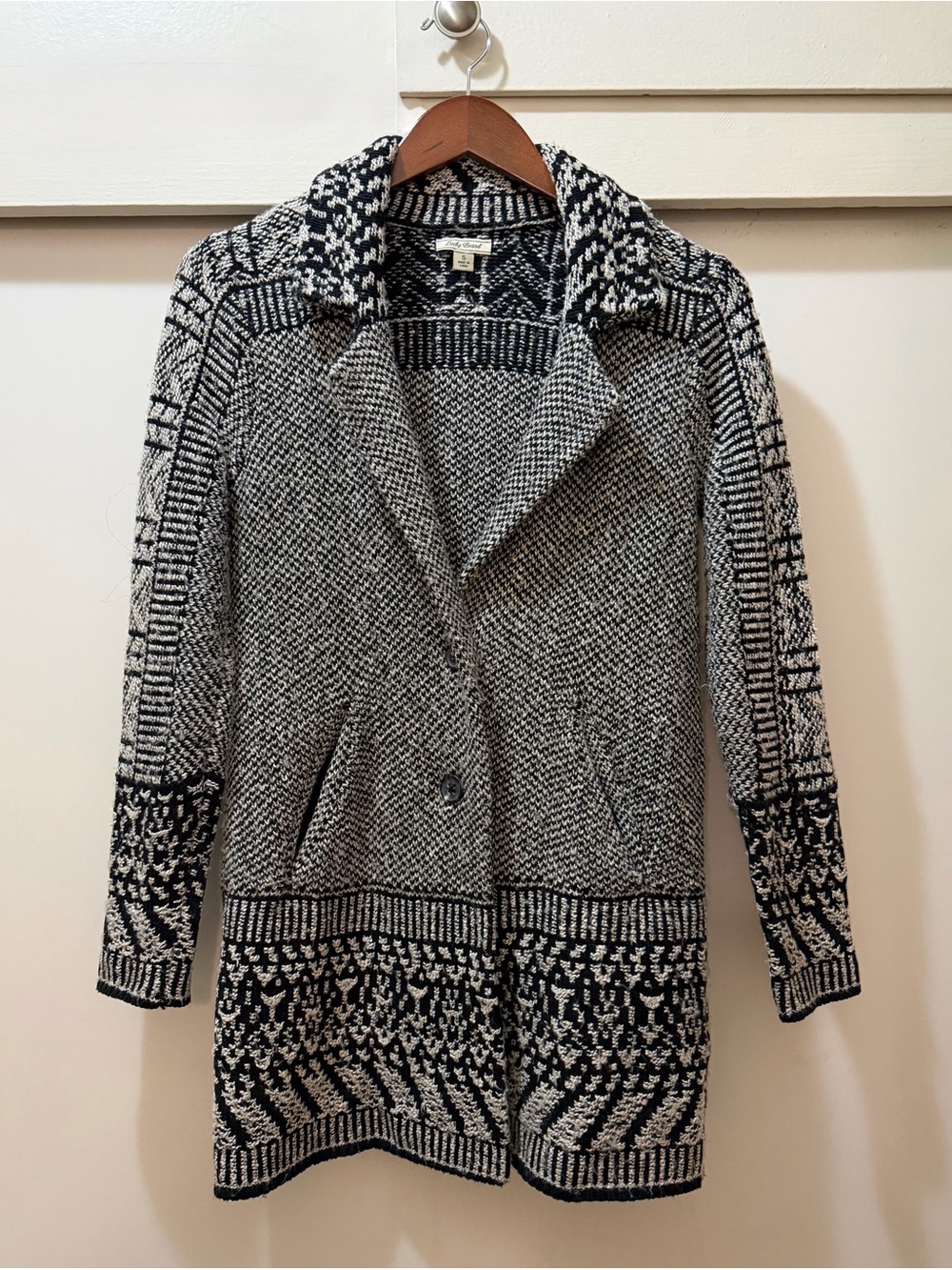 Lucky Brand Longline Cardigan Sweater Coat S Black Ivory Geometric Aztec